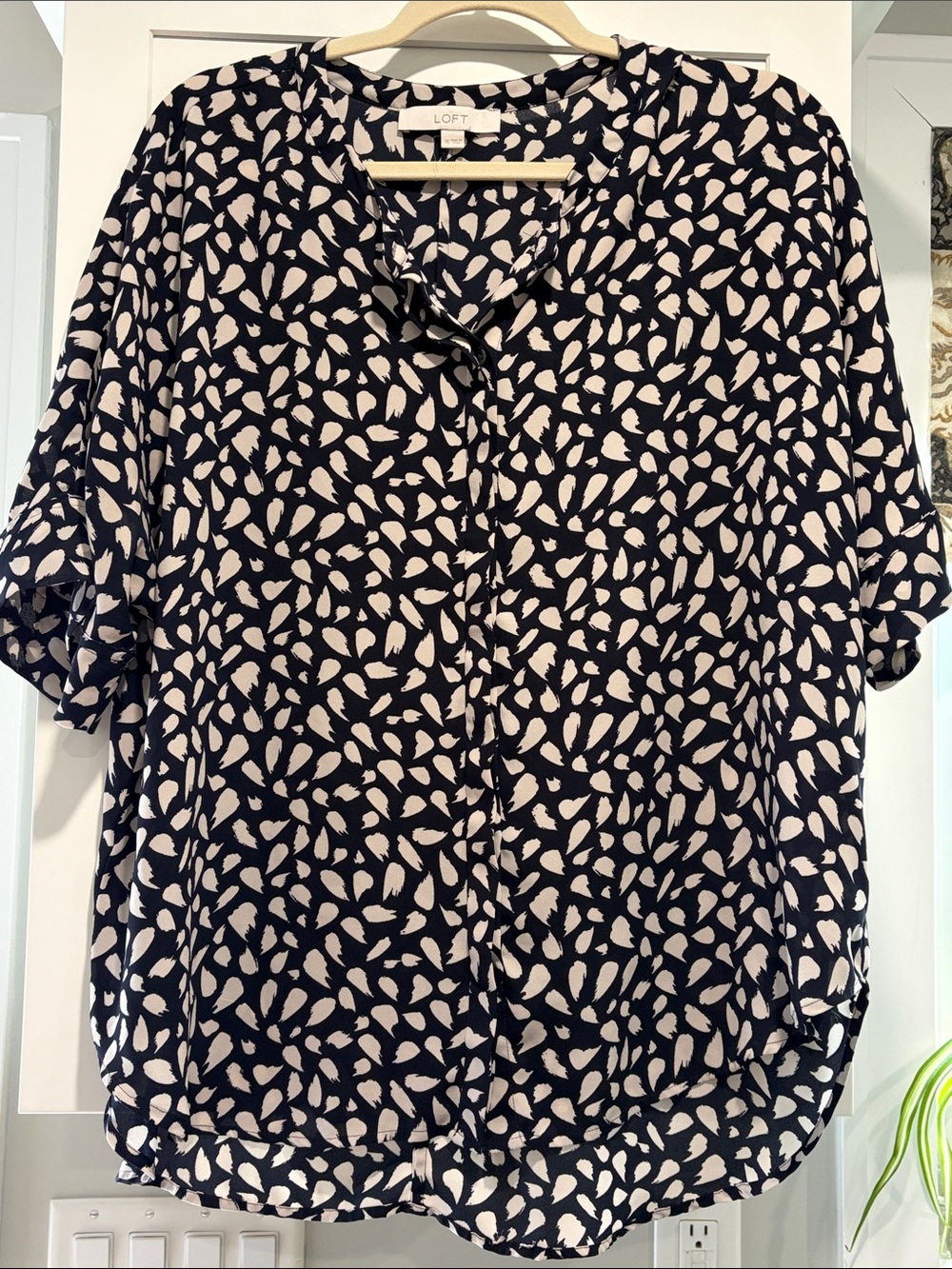 LOFT Navy and Cream Abstract Button-Front Blouse